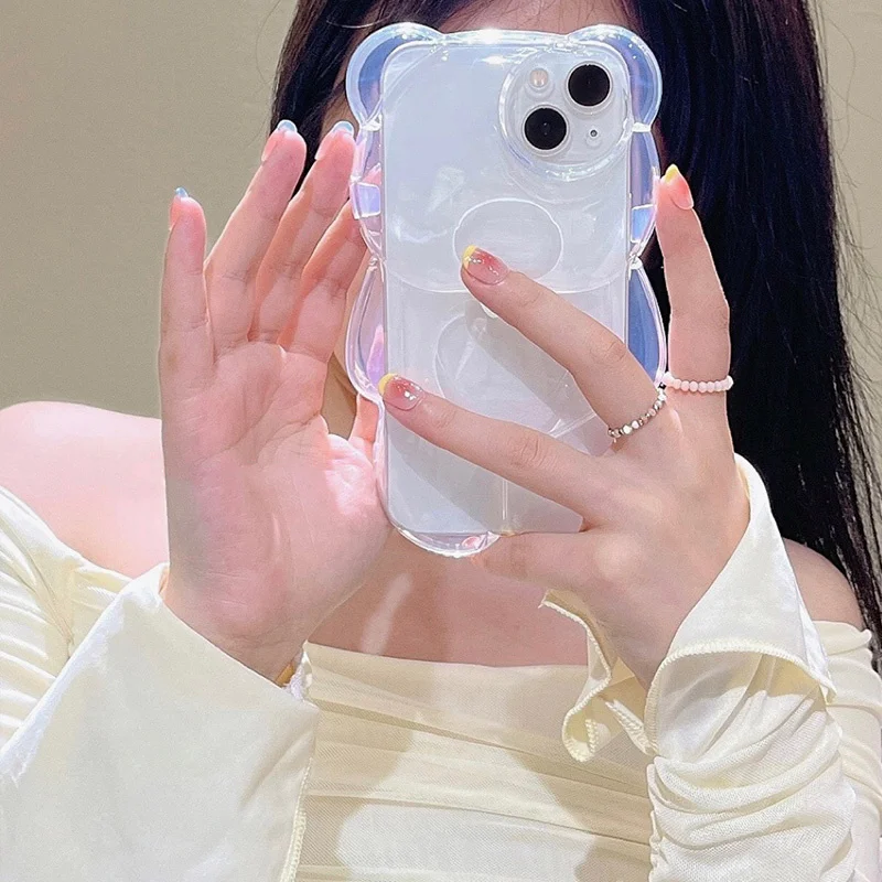 INS Japan Cute 3D Love Heart Bear Transparent Phone Case For iPhone 14 13 Pro Max 12 11 X XR XS Silicone Soft Protective Cover