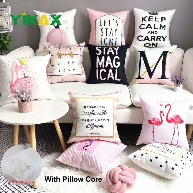 

Pink And Black Polyester Cushion Cover With Pillow Core Geometry Letter Pillow Case Home Decoration Sofa Seat Decor Pillowcase