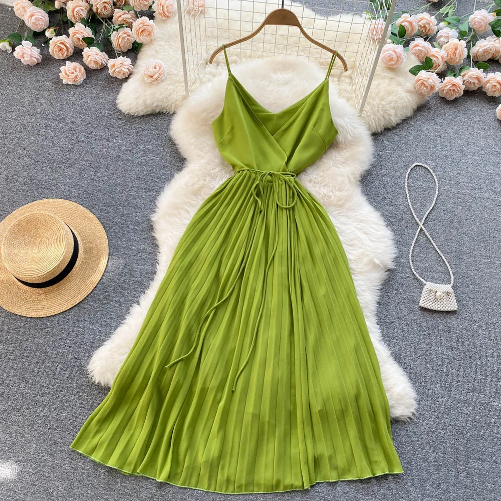 

women's mid-length suspender dress new waist slim pleated GRAY22