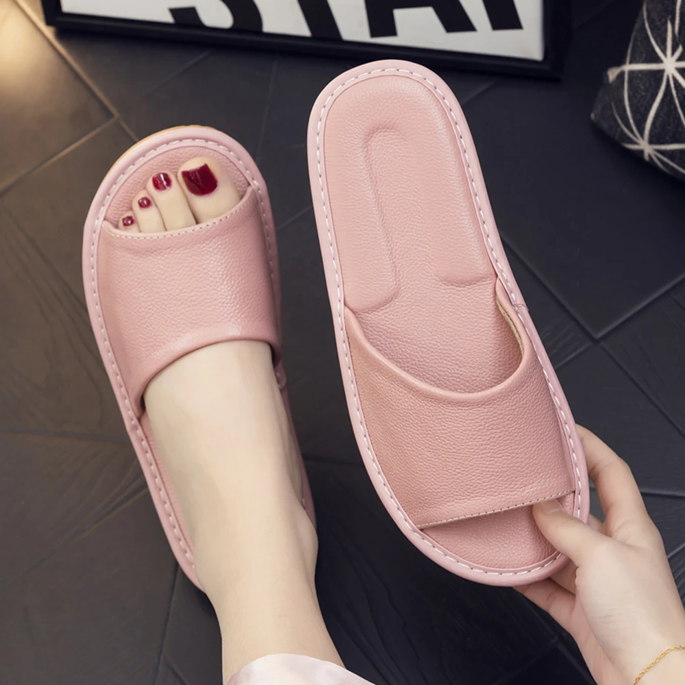Women's leather slippers Summer leather household slippers unisex flat flat non-slip wear-resistant fashion shoes men's slippers