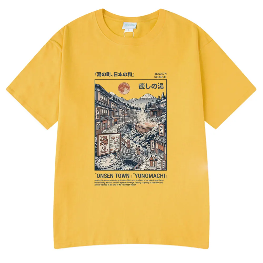 Фото Футболка Onsen Town Yunomachi в японском ретро-стиле с иллюстрацией горячих источников, летняя хлопковая футболка для пар, повседневная уличная одежда №2