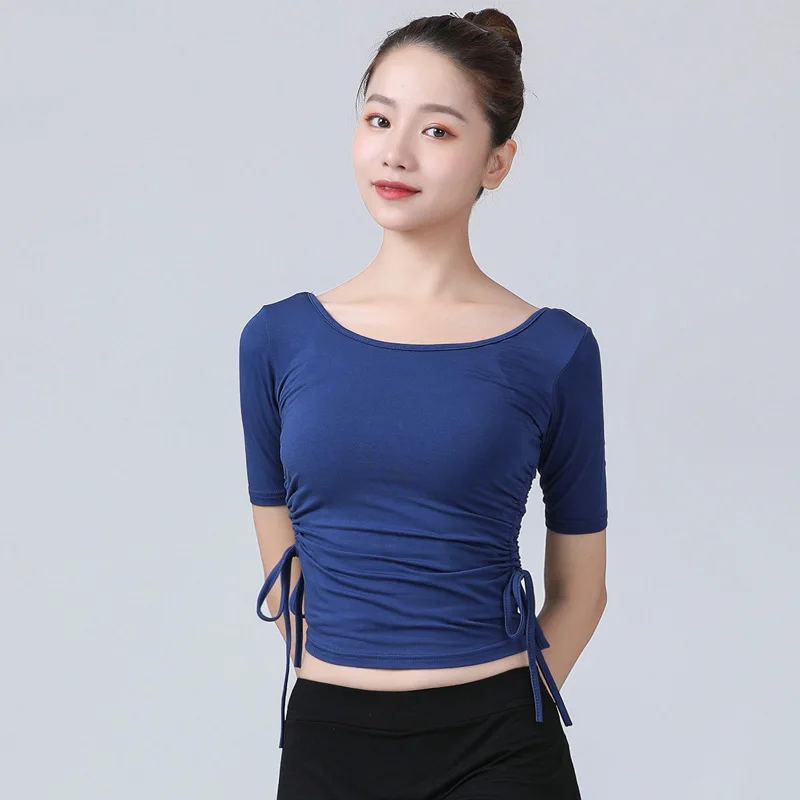 

Adult Summer Short Sleeve Drawstring Slim Latin Dance Practice Clothes women Modal modern dance practice top Ballroom Shirt