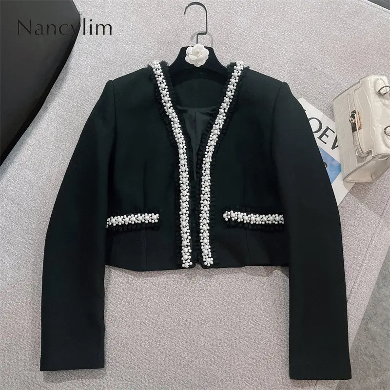 

Tweed Black Jacket Womens 2022 Autumn New Style Chic Beaded Edge Slim V-neck Long Sleeve Coat Office Ladies Korean Top