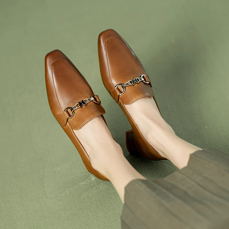 

Женские туфли-лодочки из натуральной кожи 22-25 см, винтажные лоферы из мытой воловьей и свиной шкуры с квадратным носком, на толстом каблуке, 2023