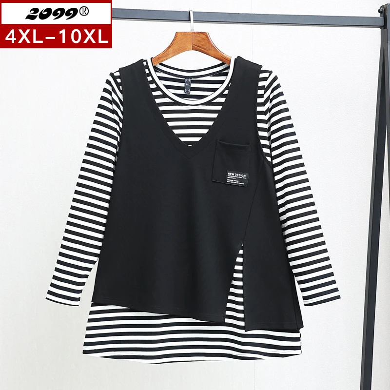 

4XL To 10XL plus size Blouses Spring Autumn Women Tops Loose Long Sleeve Striped T-shirt and West Blusas De Mujer SZ133
