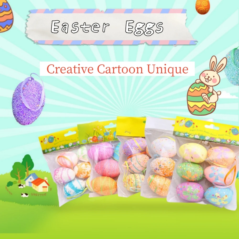

6pcs Foam Easter Eggs Happy Easter Party Decorations for Home Colorful Bunny Bird Egg Hanging Ornament DIY Craft Kids Gifts Toy