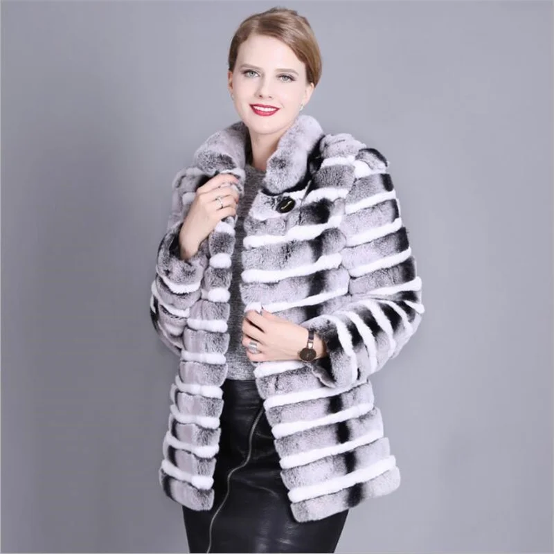 Length 70CM Natural Chinchilla Rex Rabbit Fur Coat Jacket Women's Winter Warm Stand Collar Striped Outerwear