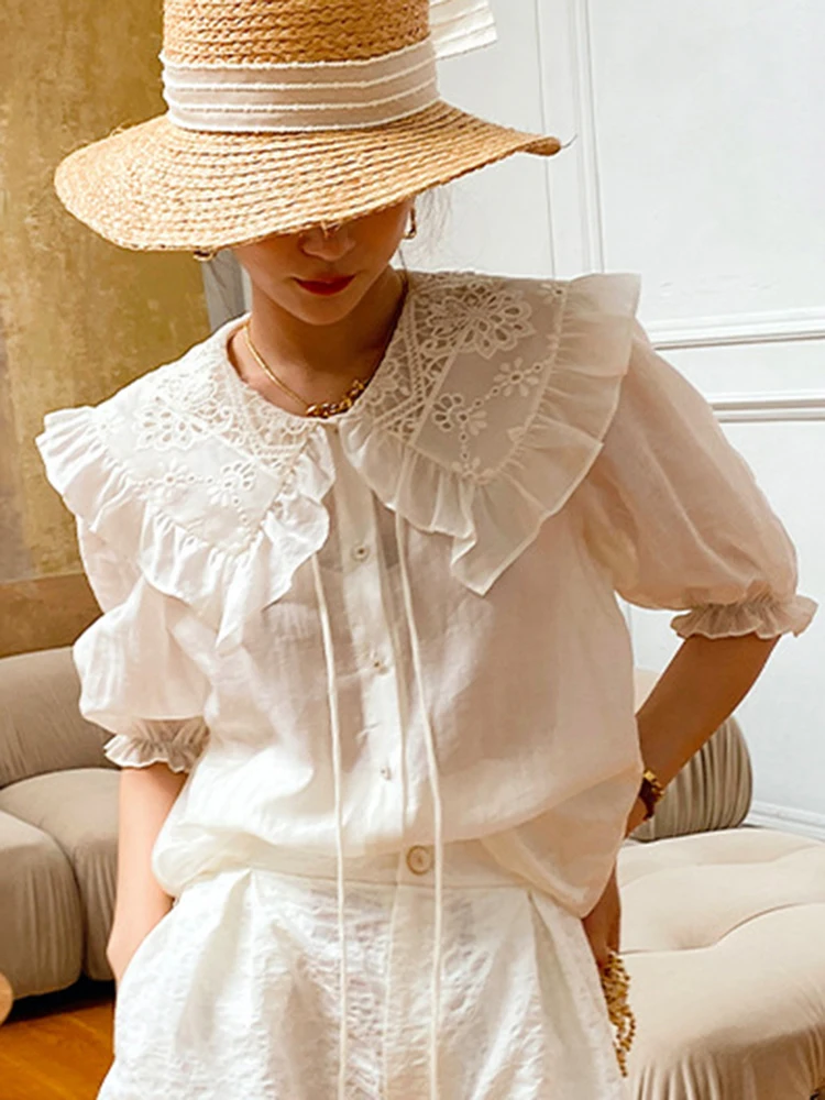 

Jastie Peter Pan Collar Lace Up Women's Shirts 2022 Summer Thin Puff Short Sleeve Blouses Elegant Temperament Lady French Tops
