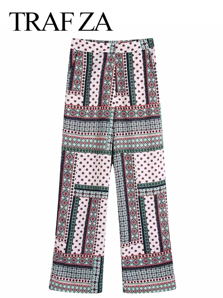 

TRAF ZA Vintage Women's Trousers Print Contrasting Colors Asymmetrical Casual Versatile Office Temperament Ladies Chic Pants