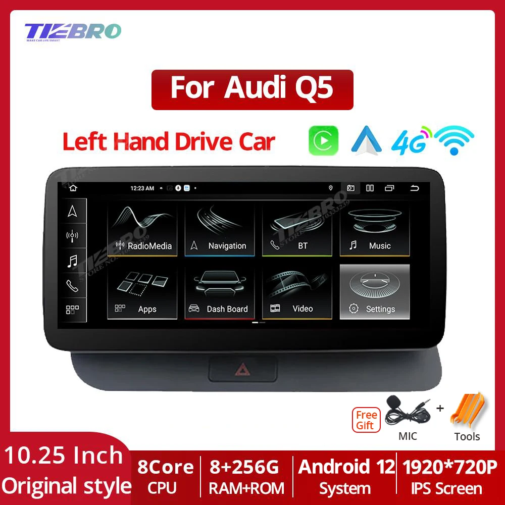 

TIEBRO 10,25 ''Автомагнитола для Audi Q5 2009-2016 LHD Carplay мультимедийный плеер GPS-навигация Android 12 головное устройство 8G + 256G