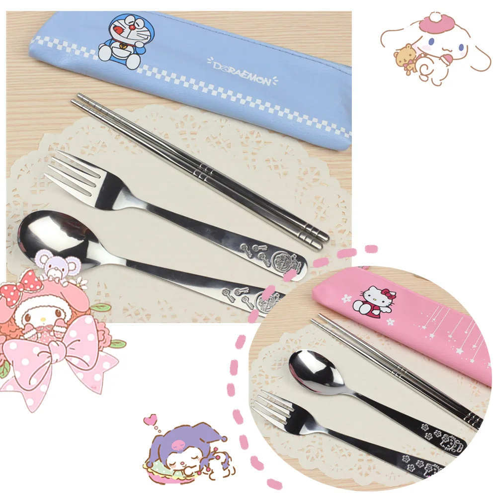 

3pcs/set Anime Kawaii Sanrioed Kittly Chopsticks Fork Spoon PU Portable Storage Bag Stainless Steel Cutlery Set Toy Gift 20CM
