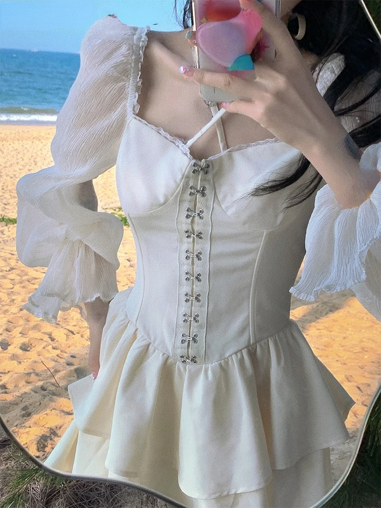 

Short Party Dress Woman Pure Color Sexy Y2k Mini Dress Casual Long Sleeve One Piece Dress Korean Fashion Retro 2022 Summer Slim