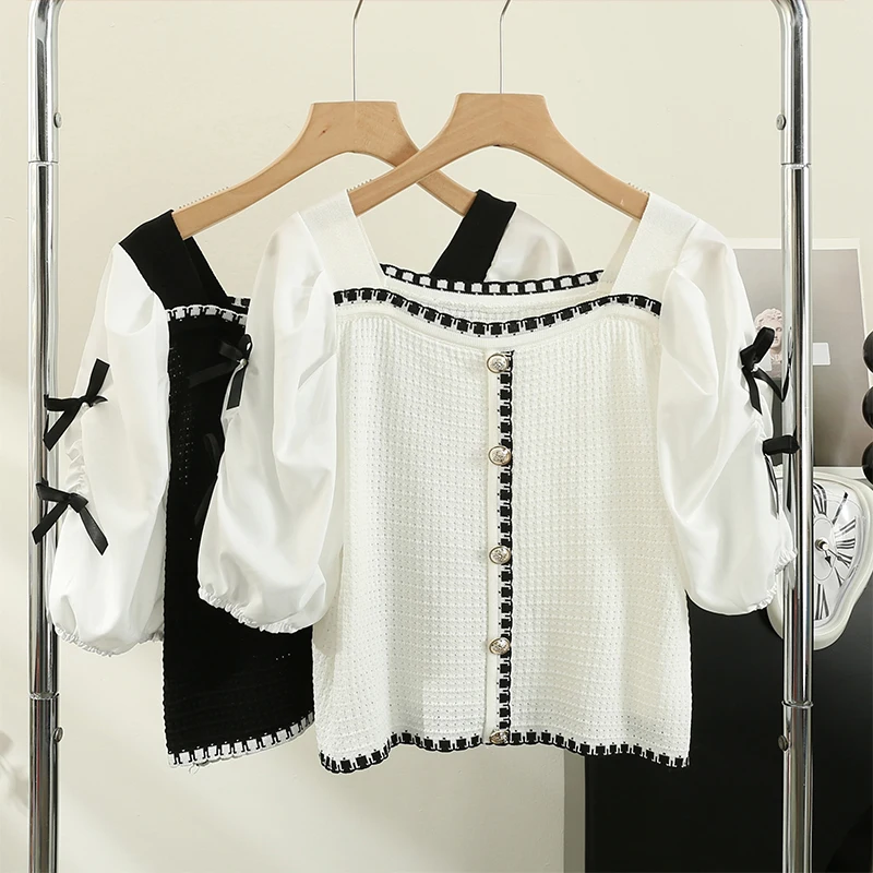 

Модная женская рубашка, Новинка лета 2023, укороченный топ с пузырьковым рукавом и квадратным вырезом, женские кружевные короткие рубашки в стиле пэчворк, тонкие женские топы