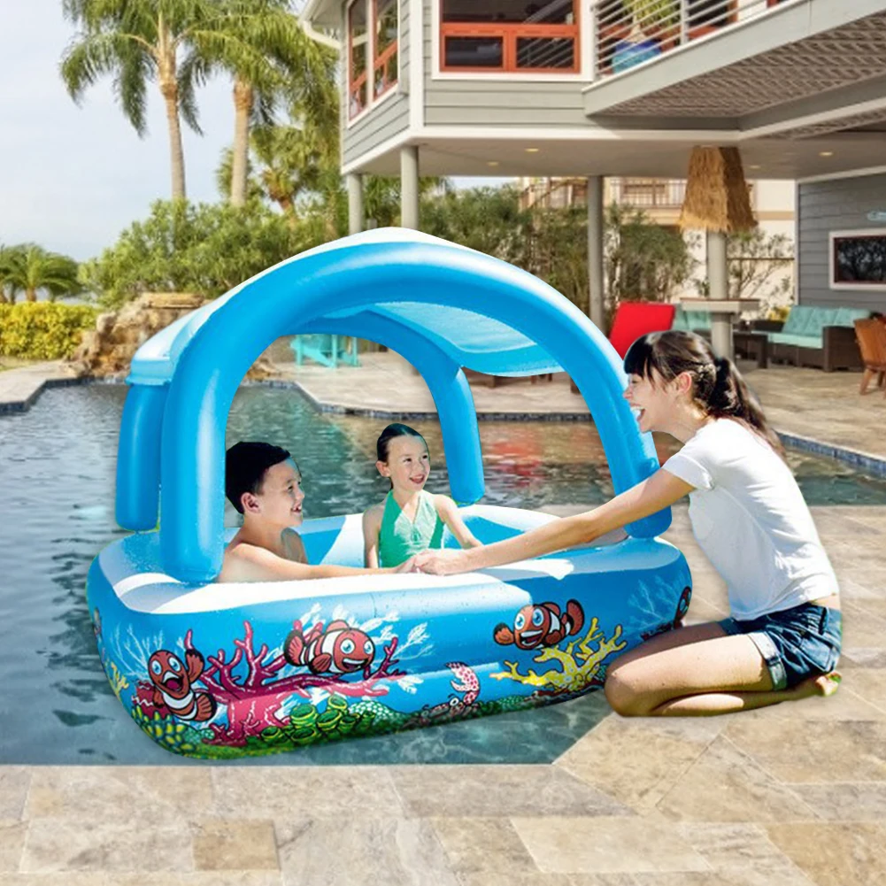 

Children Paddling Pool with Removable Awning Harmless Thickened Bubble Bottom Multi-Functional Inflatable Swimming Pool