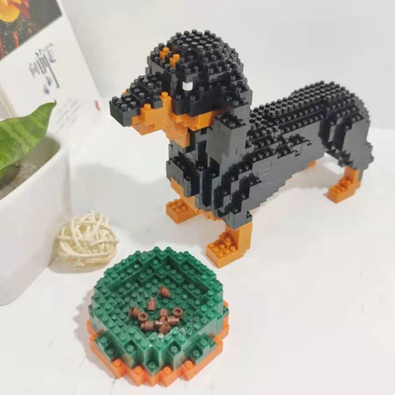 

DIY Mini Diamond Blocks Bricks Building Animal World Dachshund Dog Pet Doll Food Bowl Model Toy for Children