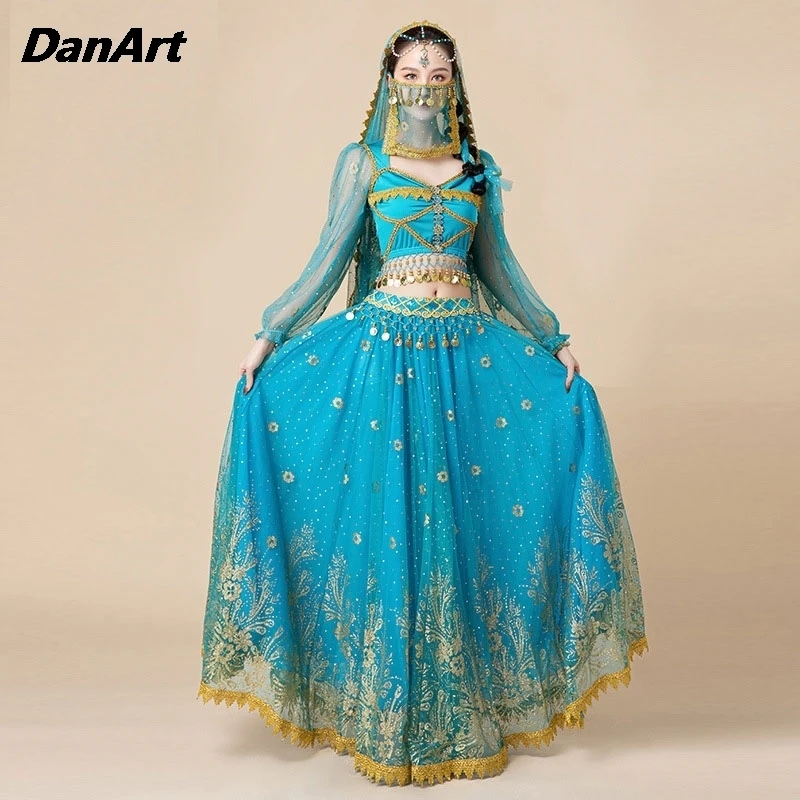 Женский костюм для танца живота длинное платье с пышной юбкой и длинным рукавом