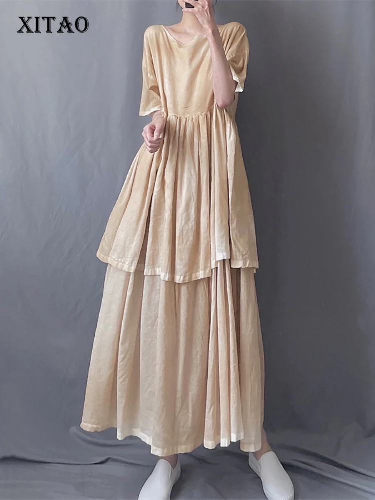 

XITAO Fashion Vintage Folds Two Sets Dress Loose Simplicity Splicing O-neck Collar Literary Style Summer New Women WMD7061