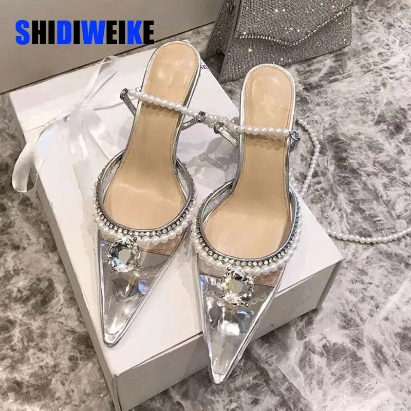 

2022 New PVC Transparent Pointed Toe Fairy Style Sandals Pearl Rhinestone Roman Women's Shoes Design Sense Niche High Heels