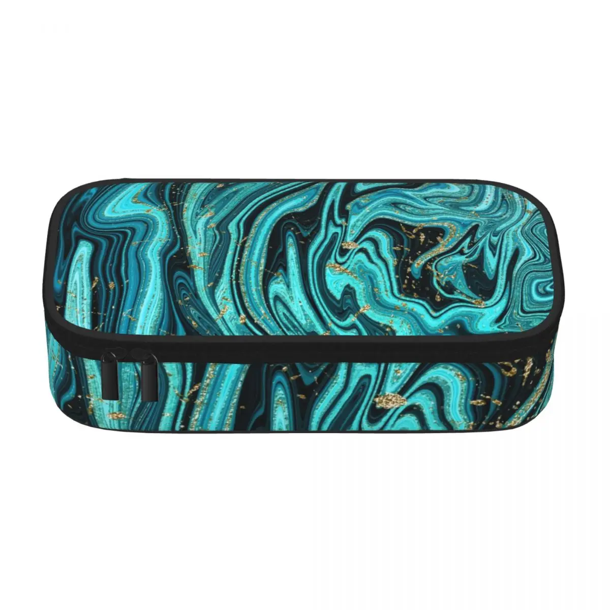 Swirl Marble Abstract Pencil Case Teal Blue Gold Cool Multi Function Zipper Pencil Box College For Child Pen Bag