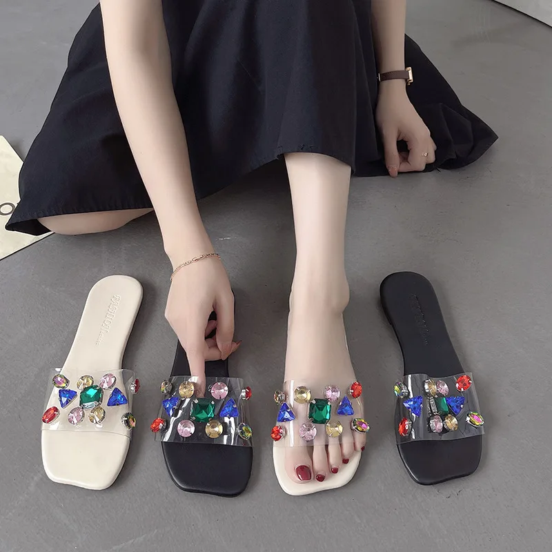 Large size women's flat bottom sandals 2022 summer new outer wear rhinestone square root slipper