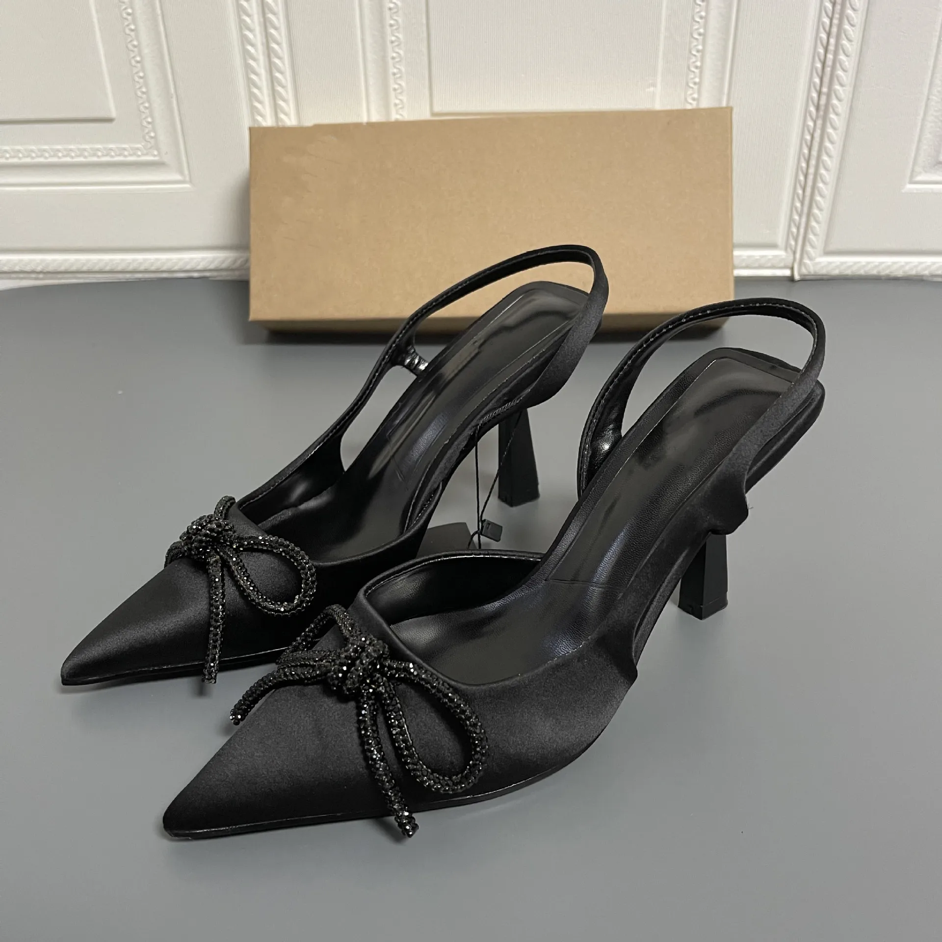 

Pointed toe cloth bow black all-match back strap high-heeled stiletto sandals women's rhinestone shoes