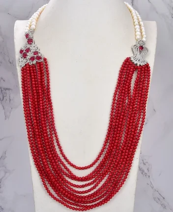 

Jewelry 10Strands Natural White Pearl Round Red Coral Flower CZ Necklace