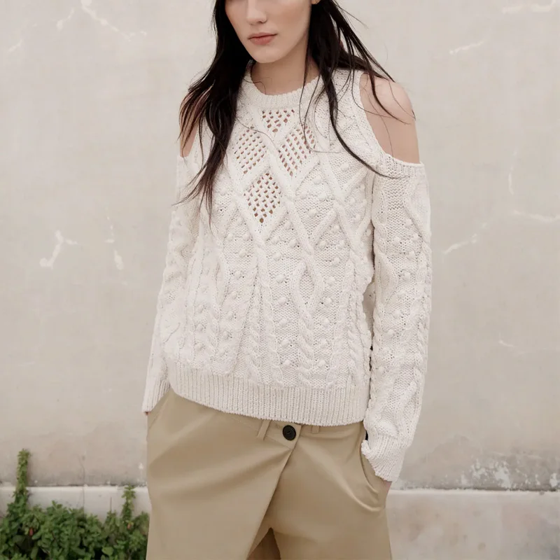 

Женский вязаный свитер без бретелек Za, Повседневный пуловер с круглым вырезом и длинным рукавом, однотонный уличный свитер с вырезами, весн...