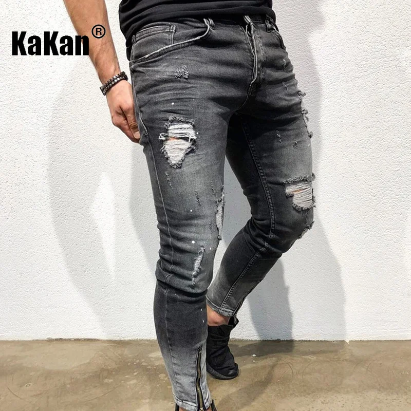 Kakan - New European and American Trend Distressed Small Leg Jeans for Men, Black Leg Zipper Stretch Long Jeans K45-NK52