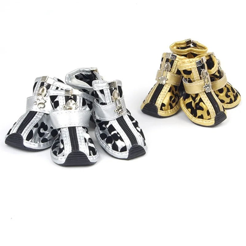 

Gold leopard skin pet dog shoes PU anti-skid boots Puppy Teddy dog cat waterproof shoes puppy boots