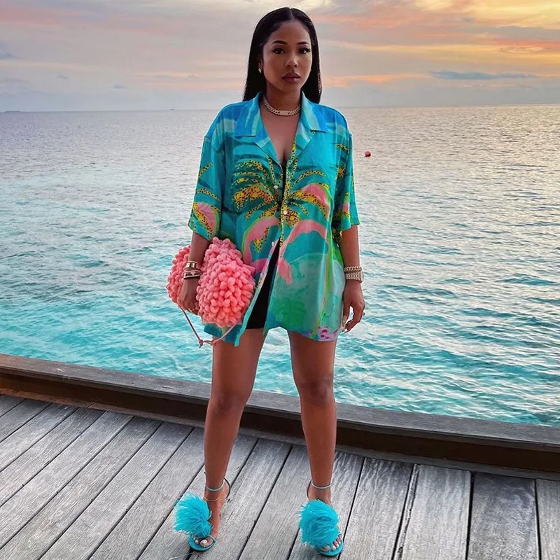 

Wishyear 2022 Fashion Beach Holiday Short Sleeve Button Up Shirts Tropical Printed Summer Tops for Women Blouses