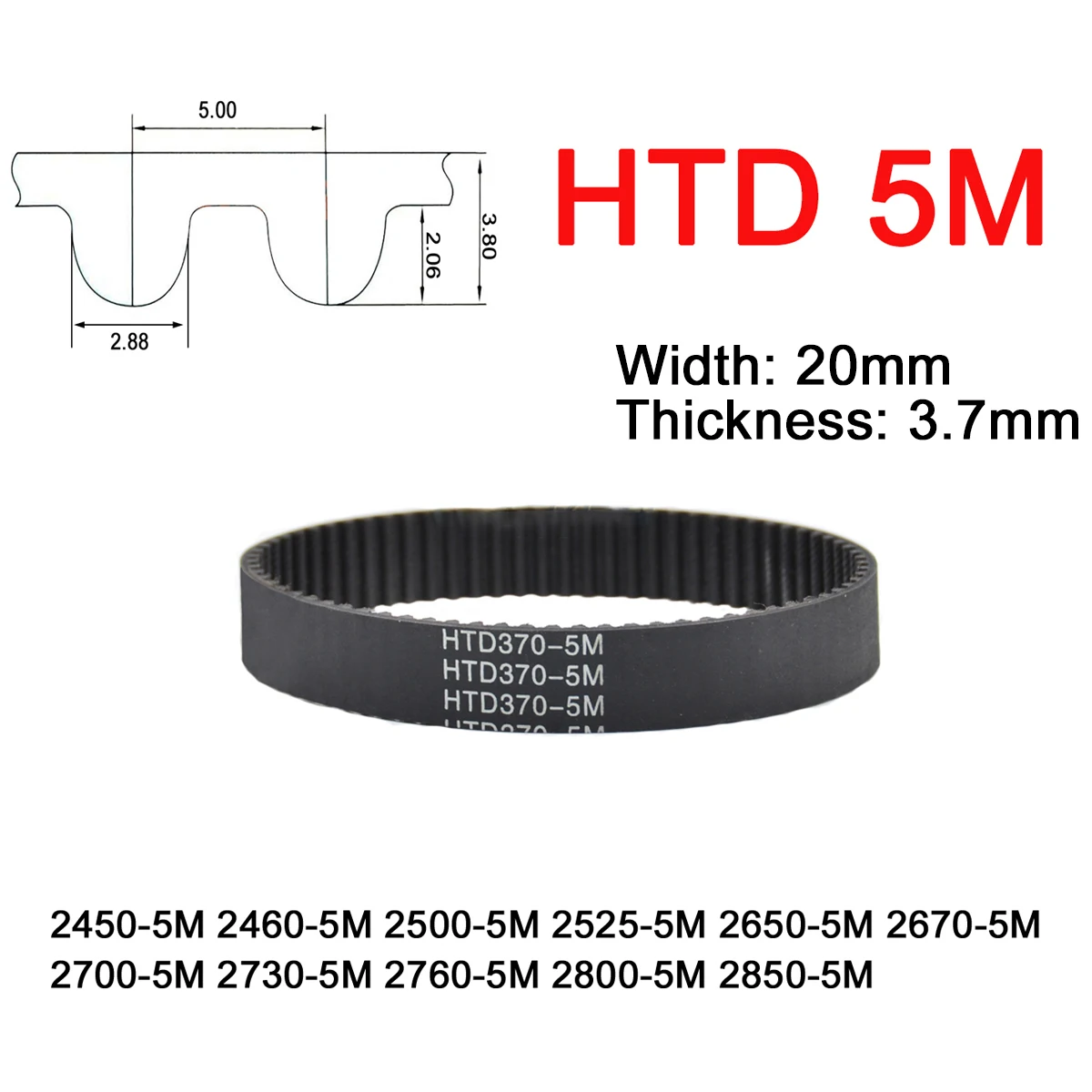 

1Pc Width 20mm 5M Rubber Arc Tooth Timing Belt Pitch Length 2450 2460 2500 2525 2650 2670 2700 2730 2760 2800 2850mm Drive Belts