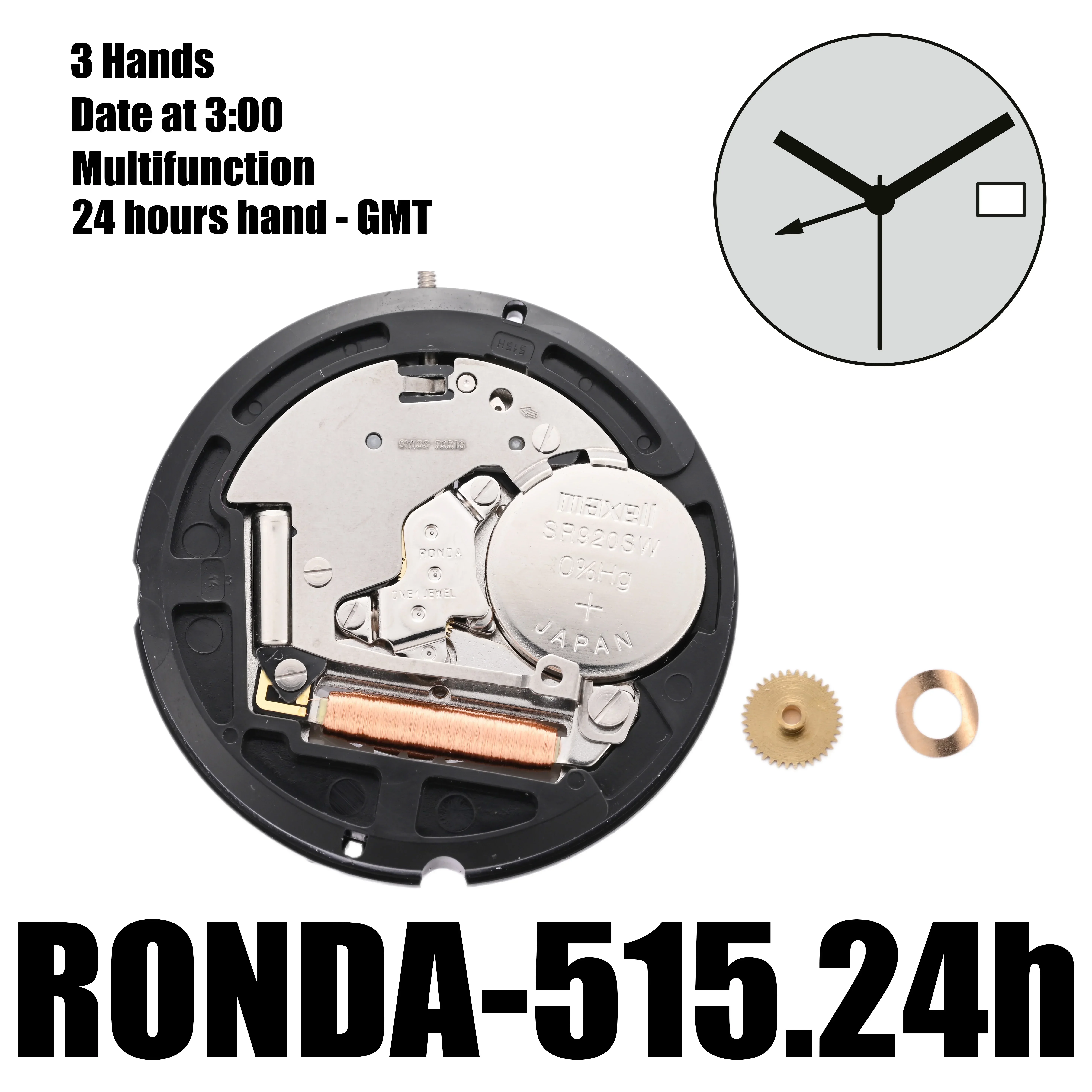 Кварцевые часы Ronda 515 24 H GMT часовой механизм 515H One Jewel функциональный Datewheel сменный