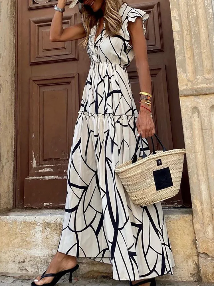 

Fashion Summer Holiday Women Maxi Dress Ruffles Loungewear Sleeveless Printing Ladies Party Dress Deep V-Neck Streetwear Vestido
