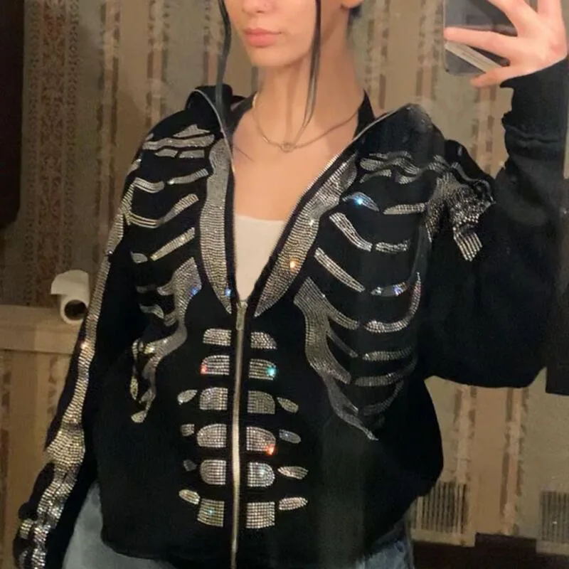 

Skeleton Oversized full zip up over face Diamond Rhinestone Y2k Hoodies Women Men Butterfly Autumn Winter Loose Blink Korea Coat