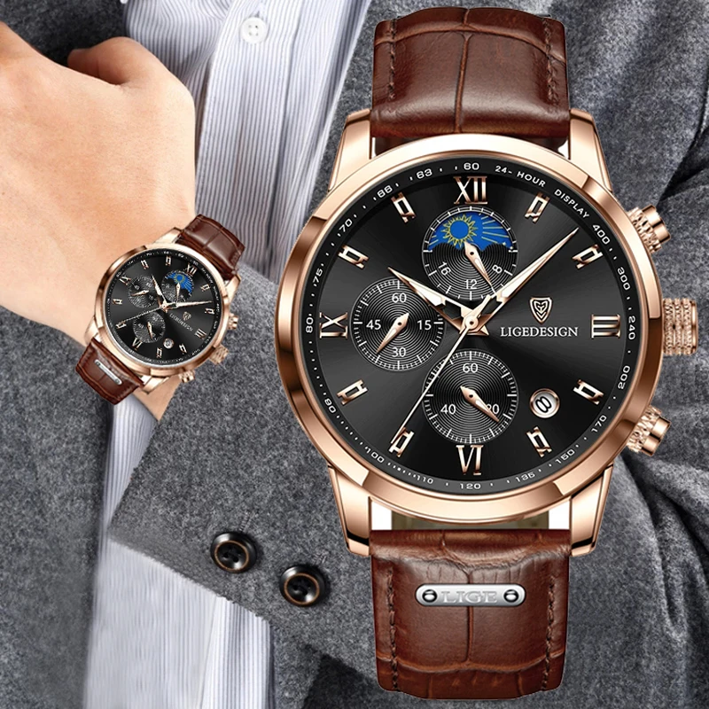 

LIGE Watches Men's Sport Quartz Chronograph Wristwatches Luxury Leather Clock with Luminous Watch Male Casual Relogio Masculin