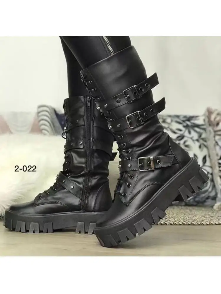 Autumn And Winter New Boots, Furns Punk Lace Thick Bottom Boots Women's Large -size Knight Boots, Fashion Women's Middle Boots