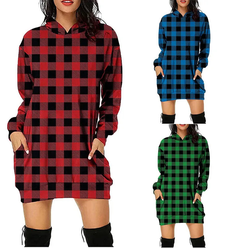 

Korean Fashion Women Plaid Printed Hoodies Female Medium Long Pocket Hooded Winter Autumn Long Sleeve Sweater Loose Sweet Hoodie