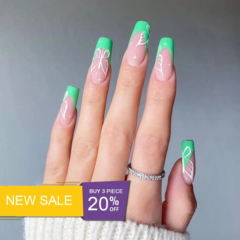 

24Pcs Short French Ballerina Fake Nail Butterfly Pattern Detachable Coffin Full Cover False Nails Acrylic Nail Art Tips 2022