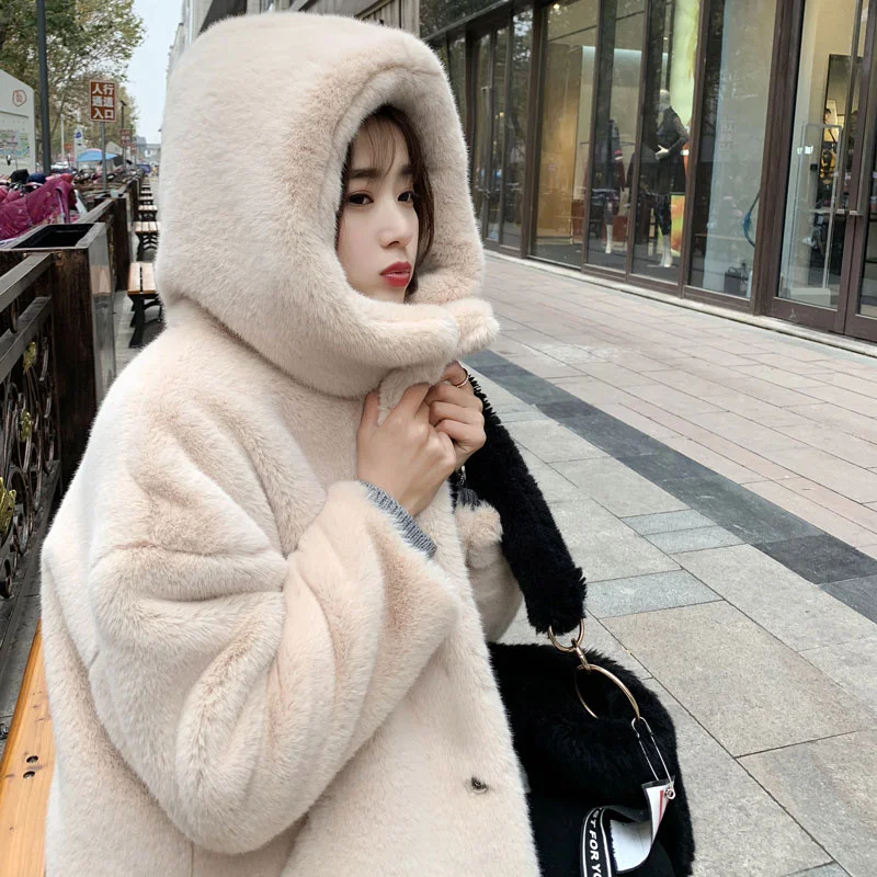 

Fashion Korean Winter Thick Warm ry Mink Jacket Women Loose Pink Black Yellow Long Hooded Faux Fur Coat Overcoat Female