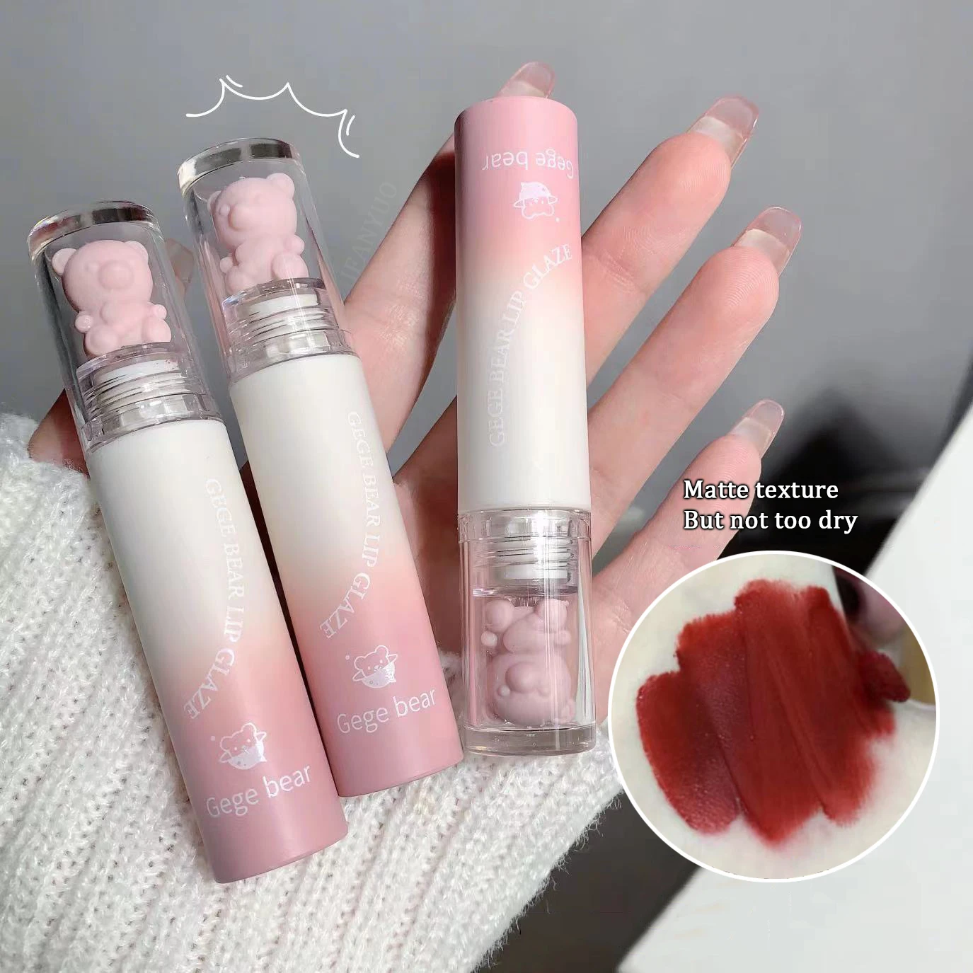 

Cute Cubic Bear Matte Pink Lip Gloss Lasting Waterproof Red Velvet Lip Glazes Animals Stain Mud Lipstick Beauty Makeup Lip Tint