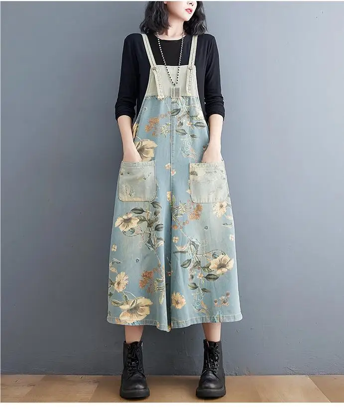 

2023 Summer Vintage Floral Jumpsuits Washed Jeans Playsuits Strap Pockets Denim Overalls Rompers Women Wide Leg Pants Suspenders