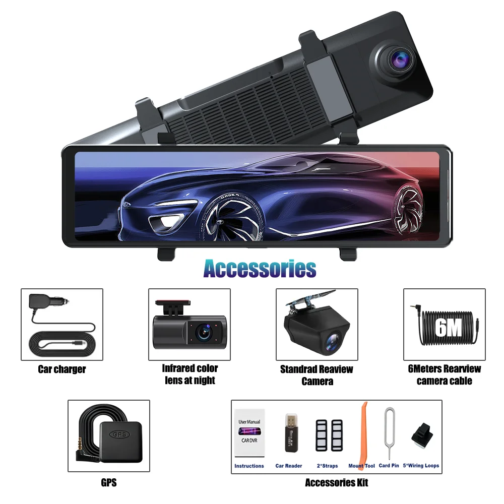 

Aprilboy B19 4K 12-дюймовое зеркало Dash Cam, цифровое внутреннее зеркало с GPS, Wi-Fi, петля ночного видения, запись потоковой передачи мультимедиа