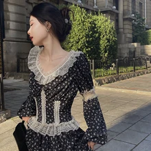 DAC [Miss DeLuna] 코트 허리 포옹 레이스 스티칭 V-neck 퍼프 소매 점프 수트 긴 원피스 23 가을 새