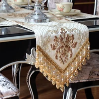 beige royal luxury jacquard table runner european delicate tassel pendant tablecloth table cover for wedding hotel dinner party