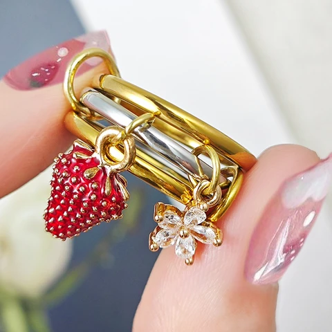 Кольца из нержавеющей стали SMALING  Sweet Strawberry Flower Charms