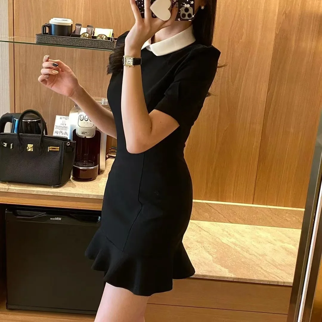 2024 весеннее элегантное платье с лацканами контрастного цвета пышными рукавами