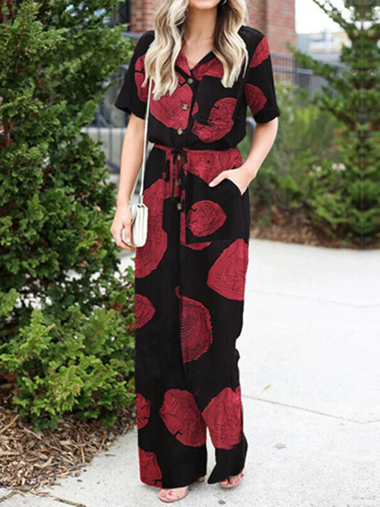 Women Fashion Pattern Print Party Shirt Jumpsuit Summer Casual Short Sleeve Straigth Romper Sexy Tie-up Waist Pocket Overalls