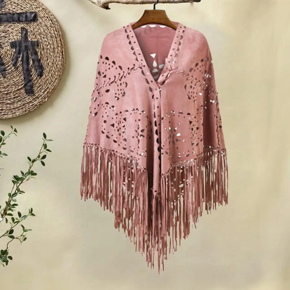 Женская элегантная замшевая открытая шаль-пончо теплая ткань однотонный зимний