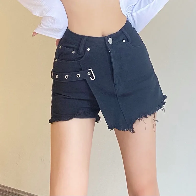 

Шорты женские джинсовые с завышенной талией, винтажные пикантные облегающие на молнии, уличная одежда, черные, на лето