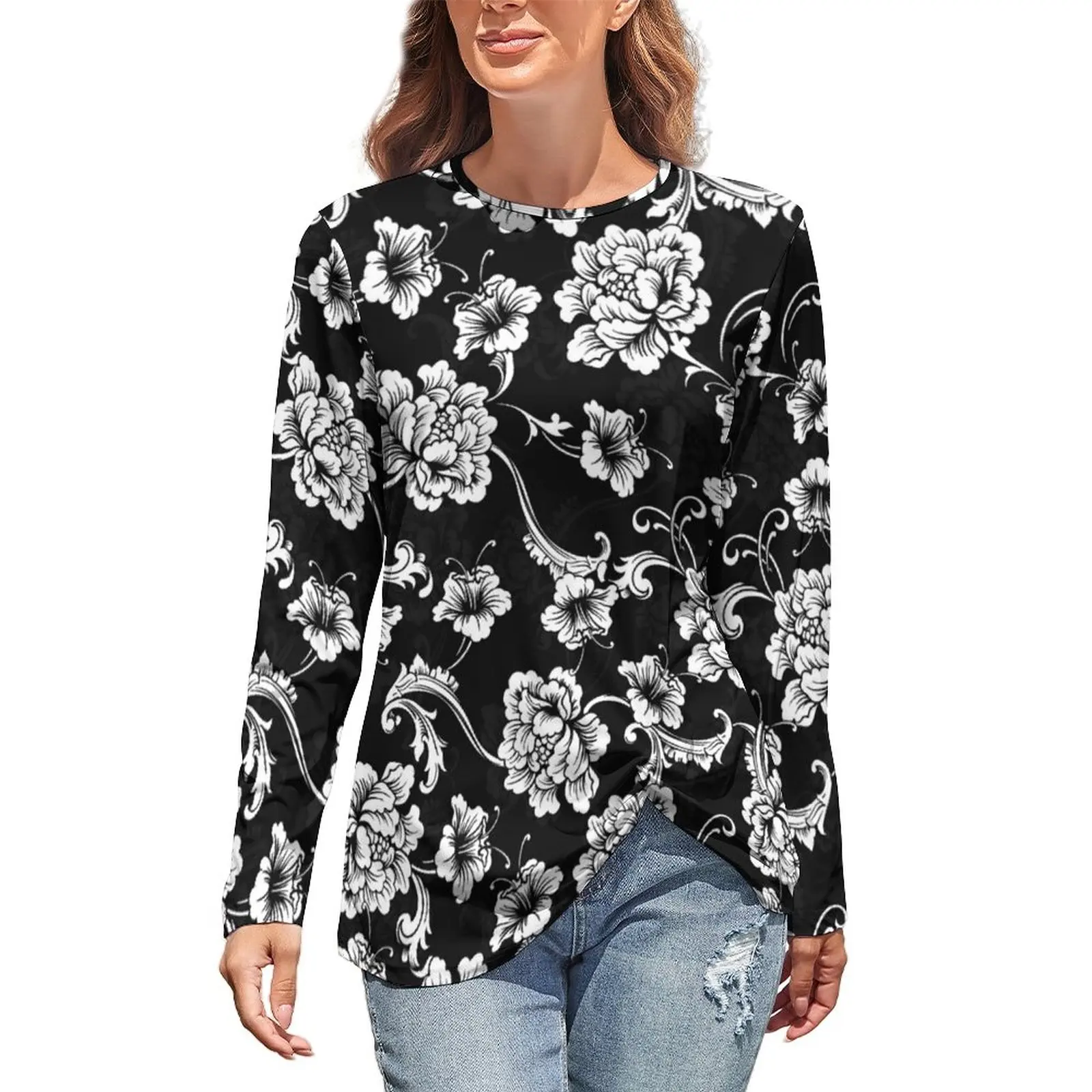 

Chic Baroque Floral T-Shirt Retro Flowers Print Aesthetic Long Sleeve T Shirts Womens Classic Tee Shirt Oversize Print Top Tees